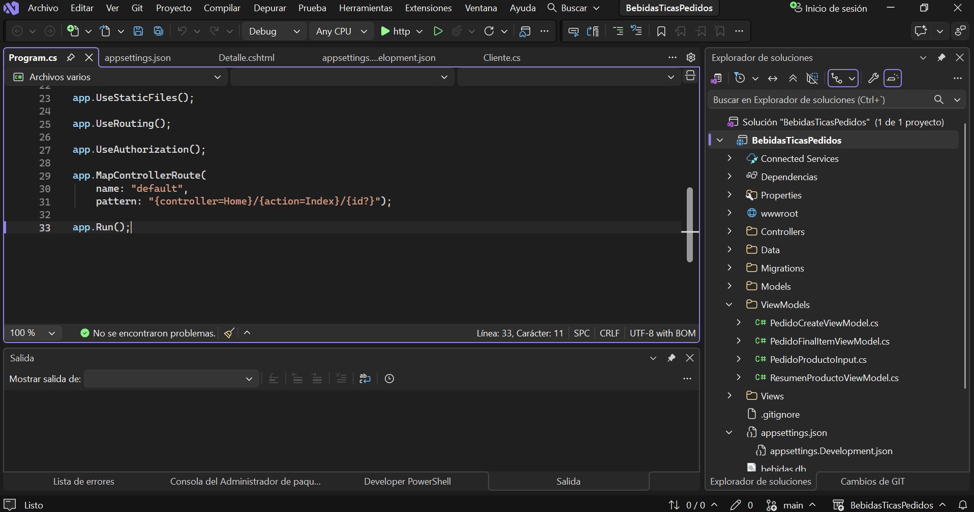 Proyecto de C# BebidasTicasPedidos en Visual Studio.